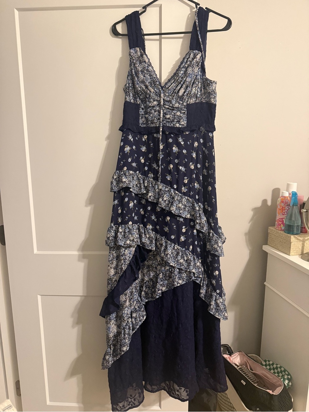 Altar'd State Navy Floral Ruffle Maxi Dress